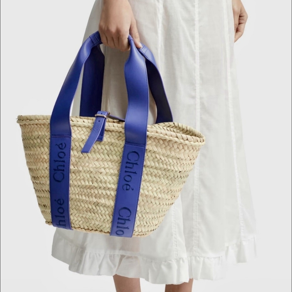 SOLD Chloe Women's Tan and Blue Straw Tote Bag w/Chloe Shoppers Bag